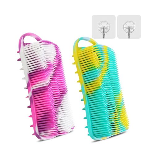 Silicone Body Scrubber, 2 in 1 Body Brush & Hair Scalp Brush for Shower and Bath, Easy Clean, Lathers Well, Stimulating Blood Circulation More Hygienic Than Loofah, Women Men.Purple, Green