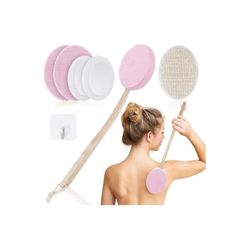 Lotion Applicator for Back, 7 Piece Set Back Cream Applicator, 2 in 1 Body Brush Back Scrubber for Self Application, Long Wooden Handle Back Applicator with 4 Pads, Bath Brush and Hook