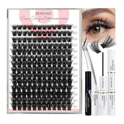 BEYELIAN Lash Extension Kit 168 Pcs Lash Clusters D Curl 10-16mm Lash Clusters Kit with Lash Bond and Seal and Remover Dense Look DIY Lash Kit Easy to Apply at Home ( 56D, Black )