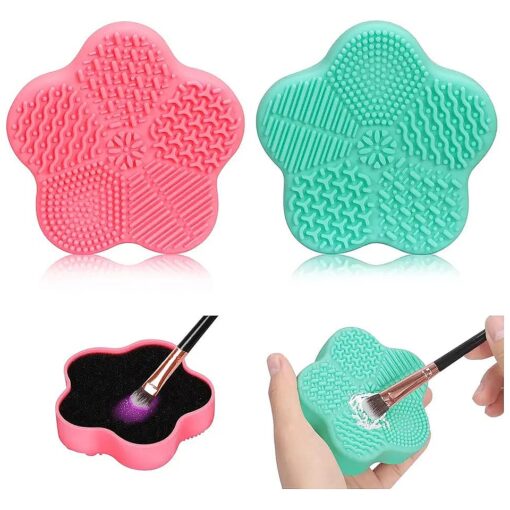 Unaone 2 Pcs Makeup Brush Cleaning Mat, Cosmetic Brush Cleaning Pad with Color Removal Sponge, 2 in 1 Design Silicone Cleaner Box for Dry Brush Color Switch and Wet Cleaning, Flower Green & Pink