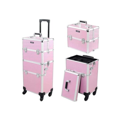 2 in 1 Rolling Makeup Train Case, Makeup Travel Organizer Cosmetic Case, Aluminum Cosmetology Display Suitcase on Wheels, Beauty Storage Luggage Lockable w/4 Removable Wheels ( Pink )