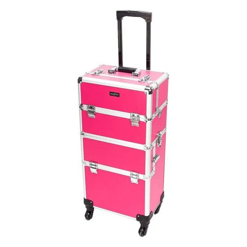 2 in 1 Rolling Makeup Train Case, Aluminum Makeup Travel Organizer Cosmetic Case, Cosmetology Display Suitcase on Wheels, Beauty Storage Luggage Lockable w/4 Removable Wheels ( Rose-Pink )