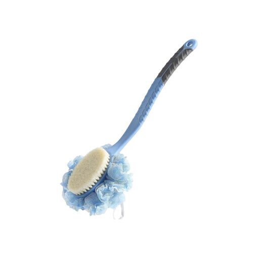 [ 2nd Generation ] Shower Body Brush with Bristles and Loofah, Back Scrubber Bath Mesh Sponge with Curved 16" Long Non-Slip Handle Skin Exfoliating Massage Suitable for Men and Women ( Blue )