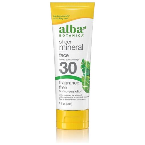 Alba Botanica Sunscreen for Face, Fragrance-Free Sheer Mineral Face Sunscreen Lotion, Broad Spectrum SPF 30, Water Resistant and Biodegradable, 2 fl, oz, Bottle