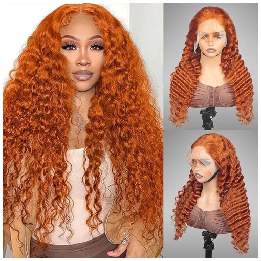 Ginger Deep Wave Lace Front Wigs Human Hair 13x4 Curly Orange Colored Lace Frontal Wig 200 Density Pre Plucked with Baby Hair HD Transparent Lace Glueless 350 Color Wig Bleach Knots 20 Inch