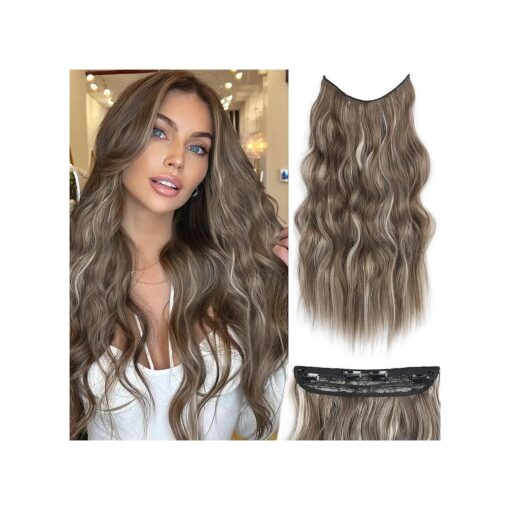 Halo Hair Extensions Invisible Wire Hair Extensions with Transparent Wire Adjustable Size 4 Secure Clips 20 Inch Long Wavy Secret Hairpiece ( Medium Brown Ash Blonde )