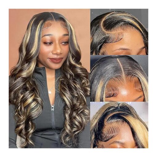 Ombre Lace Front Wig Human Hair Pre Plucked 1B/27 Highlight Wig Human Hair 13x4 Body Wave Lace Front Wigs Human Hair 180 % Density HD Glueless Wigs Human Hair 20 Inch