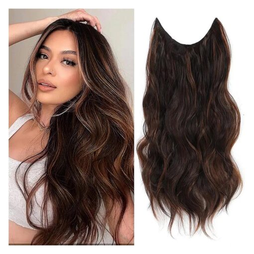 Medium Brown with Copper Highlights Hair Extensions Invisible Wire Hair Extension with Adjustable Transparent Headband 4 Secure Clips in Long Wavy Hair Extensions Synthetic Hairpiece for Women 20 inch