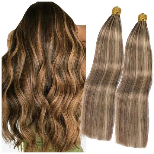 Highlight Blonde I Tip Hair Extensions Human Hair, 20Inch Ombre Blonde Itip Hair Extensions Medium Brown/Dark Blonde 4P27 Keratin Fusion Stick Microlink Hair Extensions For Women 50Strands/50G