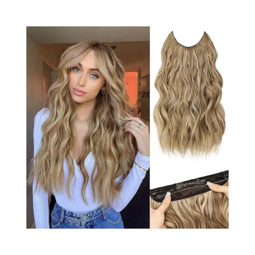 MORICA Invisible Wire Hair Extensions - 20 Inch Halo Hair Extensions Mixed Blonde Long Wavy Synthetic Hairpiece with Transparent Wire Adjustable Size, 4 Secure Clips for Women