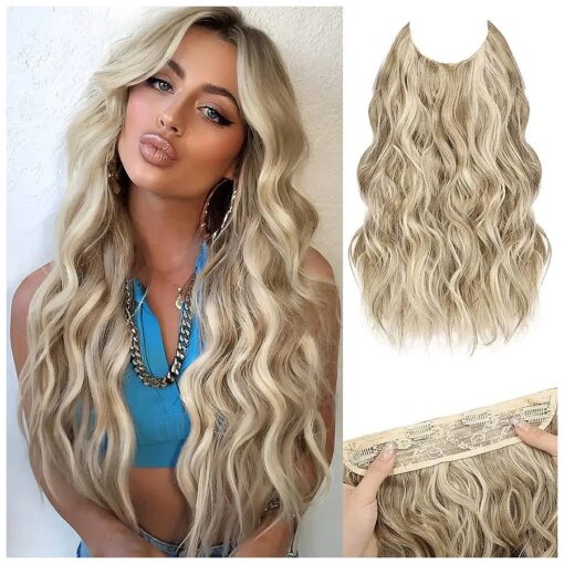 MORICA Invisible Wire Hair Extensions - 20 Inch Halo Hair Extension Long Wavy Synthetic Hairpiece with Transparent Wire Adjustable Size, 4 Secure Clips for Women ( Ash Blonde Mixed Light Blonde,20Inch )