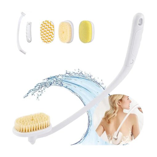 20" Long Handle Shower Brush for Body, Back Scrubber for Shower with 3 Pcs Brush Heads, Exfoliation and Improved Skin Health Suitable for Women, Men, Elderly