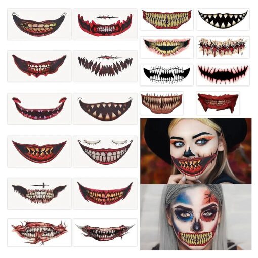 20 PCS Scary Big Mouth Temporary Tattoo,2023 Halloween Realistic Face Stickers, Multiple Sizes Clown for Adults Kids, Horror Prank Props Make Up Face Decals Cosplay Decor Party Zombie Vampire