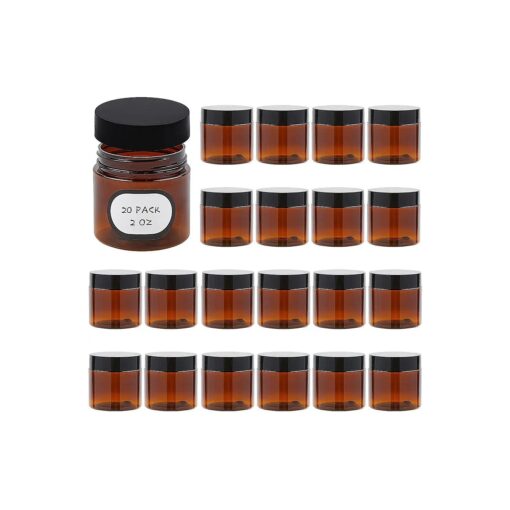 20 Pack 2 oz Amber Plastic Jars with Lids and Labels, Empty Salve Containers Refillable Cosmetic Jars for Creams, Lotion, Body Scrubs