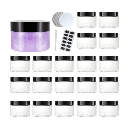 20 Pack 4 OZ Clear Plastic Slime Jars With Lids, A Spatula, A Pen & Labels - Refillable Low Profile Containers/Storage Favor Jars/Travel Jars For Cosmetic, Body Lotions, Sugar Scrubs by ZMYBCPACK