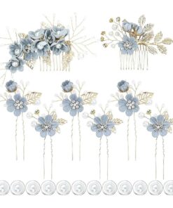 inSowni 20 Pack Classy Dusty Blue Flower Bridal Wedding Hair Side Combs+Floral Hair Pins+Twist Spiral Pearl Hair Pins Clips Pieces Formal Prom Headpieces Accessories for Brides Bridesmaids Women Girls