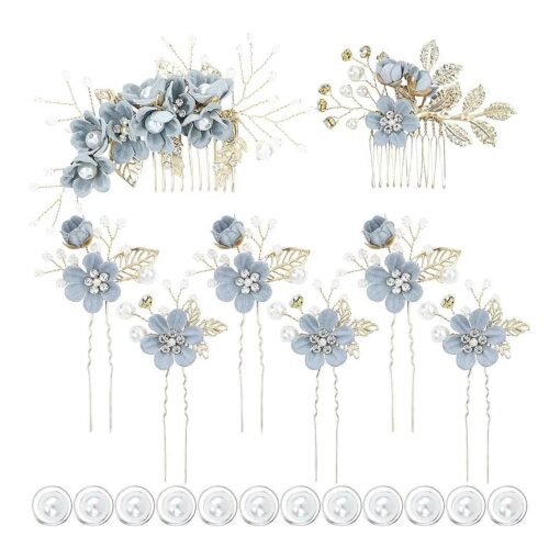 inSowni 20 Pack Classy Dusty Blue Flower Bridal Wedding Hair Side Combs+Floral Hair Pins+Twist Spiral Pearl Hair Pins Clips Pieces Formal Prom Headpieces Accessories for Brides Bridesmaids Women Girls