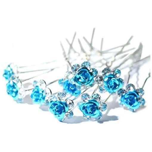 AKOAK 20 Pcs/Lot Women Wedding Bridal Clear Crystal Rhinestone Rose Flower Hair Pin Clips Hair Accessories Jewelry Barrettes Headwear ( Light Blue )