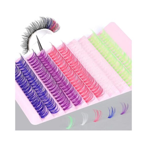 Colored Lash Clusters 200 Pcs Wispy DIY Lash Extension Kit Fluffy Mixed 5 Colors Lash Cluster D Curl Individual Lashes ( Pink Purple Blue White Green 0.05 Faux Mink, 14/16MM )