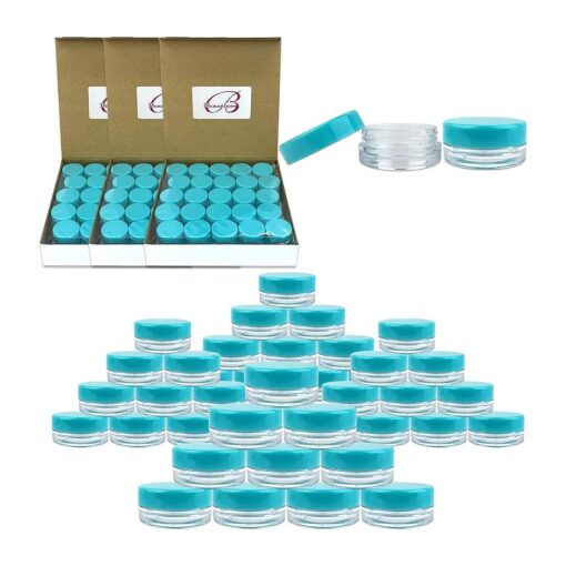 ( 200 Pieces Jars + Lid ) Beauticom 3G/3ML Round Clear Jars with TEAL Sky Blue Screw Cap Lids for Scrubs, Oils, Toner, Salves, Creams, Lotions, Makeup Samples, Lip Balms - BPA Free