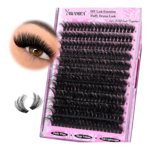 Yawamica Fluffy Lash Clusters Thick 200D Volume Eyelash Clusters 14-20mm Wispy Individual Lashes D Curl Cluster Eyelash Extensions 240pcs DIY Lash Extension for Beginners