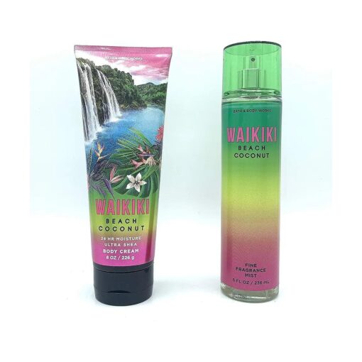 Bath and Body Works Waikiki Beach Coconut 2020 Edition 8oz Body Cream and 8oz Fine Fragrance Mist 2-Piece Bundle, Regular Sizes