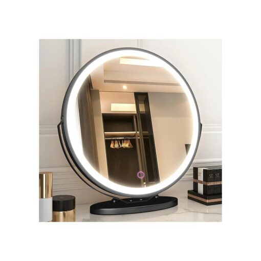 LVSOMT 20" Vanity Makeup Mirror with Lights, 3 Color Lighting Dimmable LED Mirror, Touch Control, 360degRotation, High-Definition Large Round Lighted Up Mirror for Bedroom Table Desk ( Black )