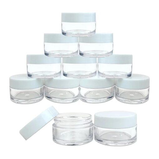 Beauticom 12 Piece 20g/20ml USA Acrylic Round Clear Jars with Lids for Lip Balms, Creams, Make Up, Cosmetics, Samples, Ointments and other Beauty Products ( White Lid ( Flat Top ) )