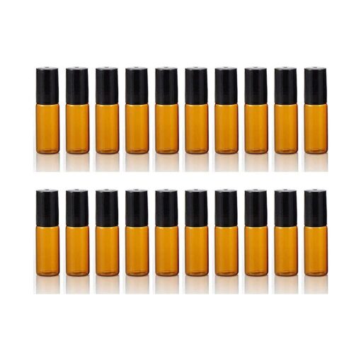 Elfenstall- 20PCS 5ml Amber Glass Roller Bottles Roll On Bottle Container with Metal Ball for Essential Oil Aromatherapy Perfumes and Lip Balms - 3ML Dropper Included