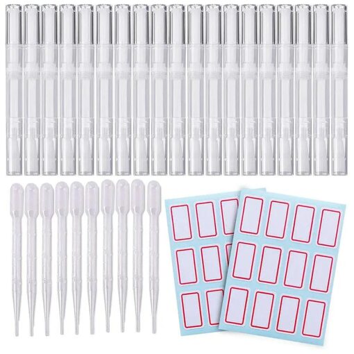 20 PCS Cuticle Oil Pens Transparent Twist Pens Cosmetic Container Empty Cuticle Nail Oil Pen With Brush Tip Lip Gloss Twist Pens Refillable Eyelash Growth Liquid Tube 10 Transfer Pipettes 2 Stickers