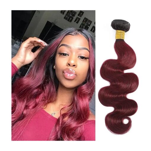 20" Hair Bundles Ombre Brazilian Hair Weave Ombre Brazilian Hair Extension Burgundy Body Wave Bundles 1Pcs 10A Grade Bundles Ombre Brazilian Virgin Hair Human Hair Weave Two Tone Black to Burgundy