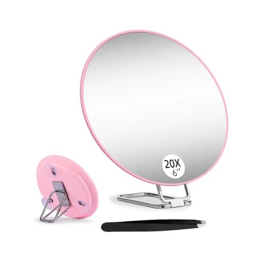 20X Magnifying Mirror with Table Stand & Suction Cups, Large 6" Travel Magnified Mirror 20x Makeup Mirror with High Magnification for Handheld Table Use Wall-Mounted, Magnifying Mirror with Tweezers