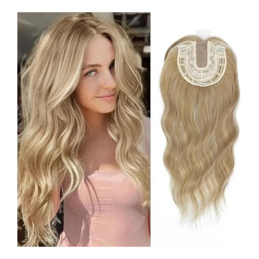 UDU Hair Toppers for Women 20inch Blonde Wavy Curl Hair Toppers for Women Clip In Toppers Hair Pieces for Women with Thinning Hair Ombre Highlight Synthetic Hair Topper Wiglets with Fringe Bang