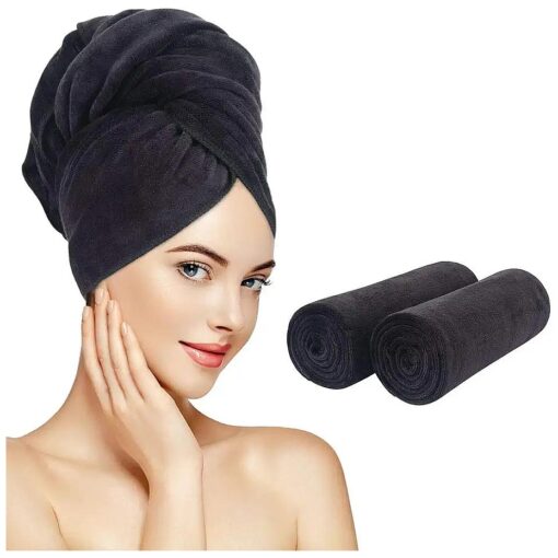 SUNLAND Microfiber Hair Drying Towel 2 Pack Super Absorbent Quick Dry Magic Hair Turban for Drying Long Hair Soft and Large 20 inch X 40 inch Black