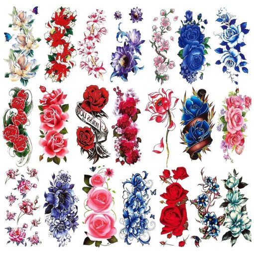 21 Sheets Sexy Flower Temporary Tattoos for Women, Waterproof 3D Bright Flora Tattoo Stickers for Girls, Rose, Peach Blossom, Chrysanthemum Various Tattoo Flower Temporary Fake Tattoos