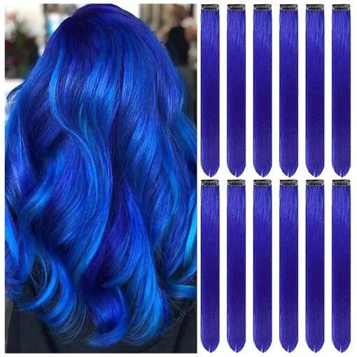 12 PCS Blue Hair Extensions Clip in, 22 Inch Colored Hair Extensions Party Highlights Long Straight Synthetic Hairpieces for Women Kids Girls