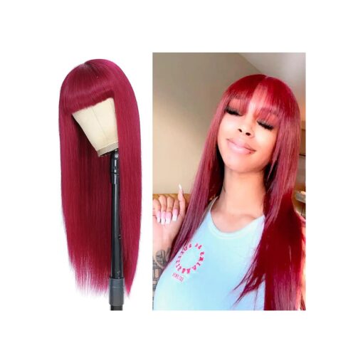 X-TRESS 22Inch Burgundy Wig with Bang Human Hair Brazilian Hair Long Red Wig with Bangs None Lace Front Glueless Machine Made Huaman Hair Red Bang Wig For Women ( 22 Inch, Burgundy )