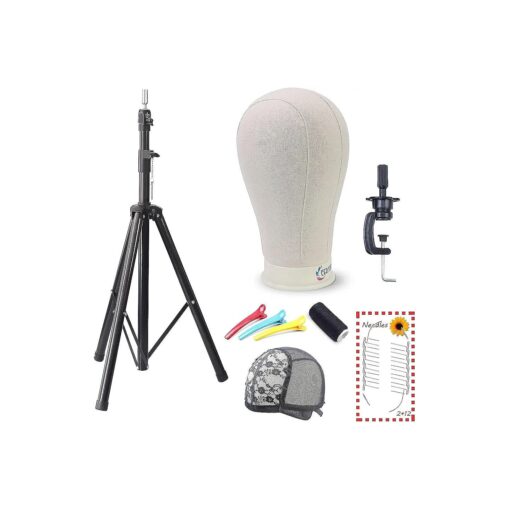 Eerya 22 Inch Canvas Block Head with Tripod Stand Set Wigs Display Mannequin Head for Wig Making Drying Styling Included Clips T-pins Curved Needles Thread Wig Cap