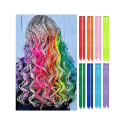 FESHFEN Colored Hair Extensions, 16 PCS 8 Colors Rainbow Hairpieces for Women Highlight Colorful Straight Clip in Hair Extensions Daily Party Costumes Hair Pieces for Girls Dolls, 22 inch