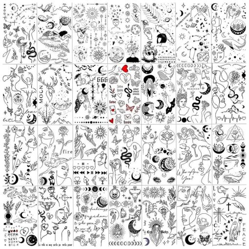 28 Sheets 220+ Minimalism Temporary Tattoos - Moon, Sun, Stars, Snakes, Flowers for Women, Men, Adults, Kids