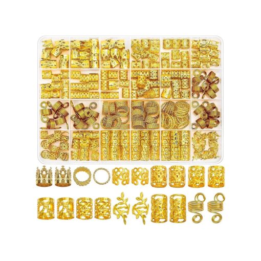 220 Pcs Gold Hair Jewelry for Braids, Loc Jewelry for Hair Dreadlock, Hair Charms for Women, Metal Gold Braids Rings Cuffs Clips for Dreadlock Accessories Hair Braids Jewelry Decorations