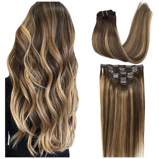 GOO GOO Clip in Hair Extensions Real Human Hair, 22inch 120g 7Pcs, 4/27/4 Balayage Chocolate Brown to Caramel Blonde, Remy Human Hair Extensions Clip ins for Women, Natural Human Hair