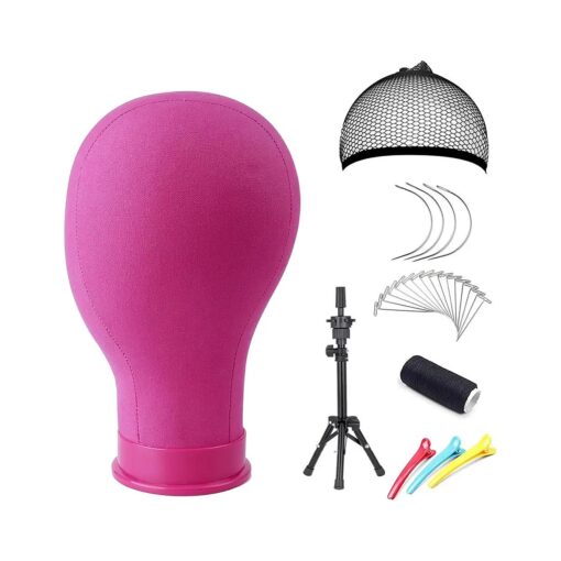 23 Inch Canvas Block Head Pink Wig Head with Wig Stand Tripod Mannequin Head Stand for Wigs Trimming Making Display, ( 23 Inch Pink )