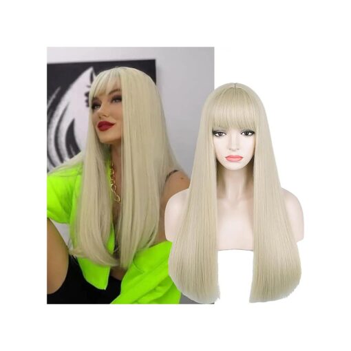 Aicos 23inches Long Blonde Straight Wig with Bangs for Woman Girl Cosplay Heat Resistant Hair Replacement Wig for Daily Use Halloween Party Anime Costume