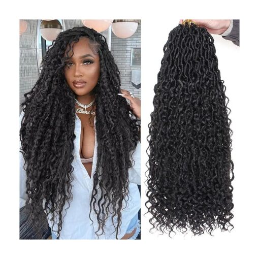 24 Inch Goddess Locs Crochet Hair 8 Packs Curly Faux Locs Crochet Hair for Black Women Pre-looped River Locs Crochet Hair with Curly Ends Boho Locs Synthetic Hair Extensions ( # 1B )