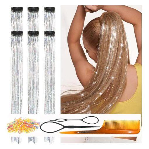 Clip In Hair Tinsel Silver 24 Inch 80 Strands/Pcs Tinsel Hair Extensions Easy to Use Christmas New Year Festival Gift for Kids Girls