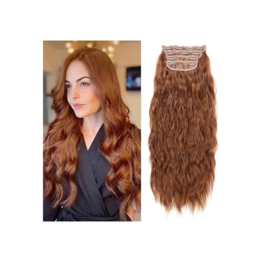 Clip in Long Wave Synthetic Hair Extensions 24 Inch 4Pcs Thick Hairpieces Fiber Double Weft Hair Extension for Women Light Auburn Color