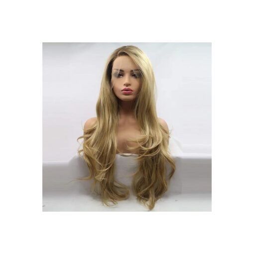 Xiweiya long blonde synthetic lace front wigs wavy side part wavy wig brown root long blonde wavy wig hair replacement wig for women, drag queen makeup 24 inch ( 24" )