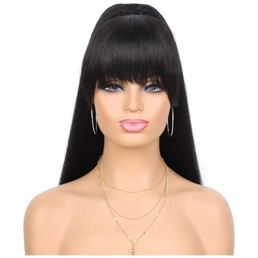 G & T Yaki Drawstring Ponytail Extension with Bangs - Long Yaki Straight Clip in Ponytails Extension for Black Women Synthetic Hairpiece for Daily Party Use ( 1B, 24 inch )