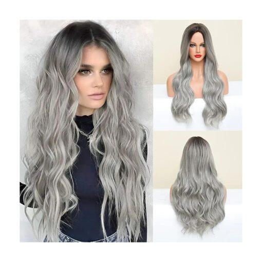 ISHINE Curly Wig, Middle Part Natural Looking Synthetic Wig, Long Wavy Wigs, Hair Replacement Wigs for Daily Cosplay Party Halloween Costume 24 inch ( Ombre Silver Grey )